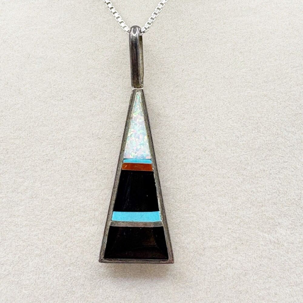 H. Smith Zuni Native American Sterling Silver Inlaid Pendant Necklace 20” Chain